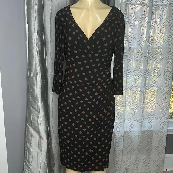 Ralph Lauren woman dress Sz 6 3/4 Sleeves Ruched side Black/Brown square pattern - Picture 1 of 6
